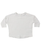 A long-sleeve baby t-shirt with thin, horizontal light gray stripes on a white background, laid flat against a white studio backdrop.