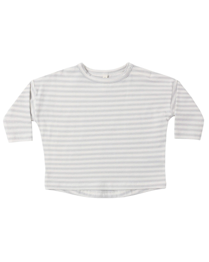 A long-sleeve baby t-shirt with thin, horizontal light gray stripes on a white background, laid flat against a white studio backdrop.