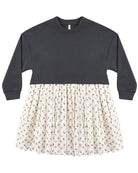 Two-tone dress with dark gray long sleeve top and floral patterned skirt on a white background