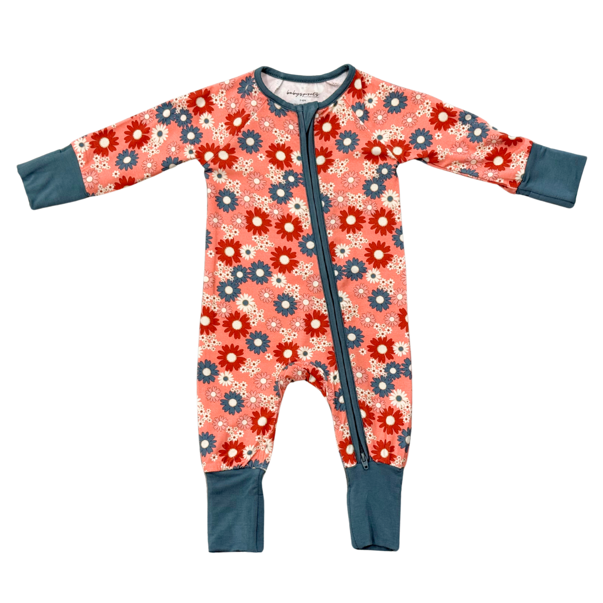 Floral patterned baby onesie with blue accents on a white background