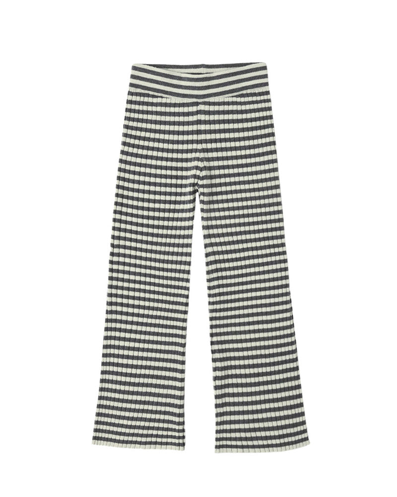 Striped wide leg ribbed pants with a thick waistband