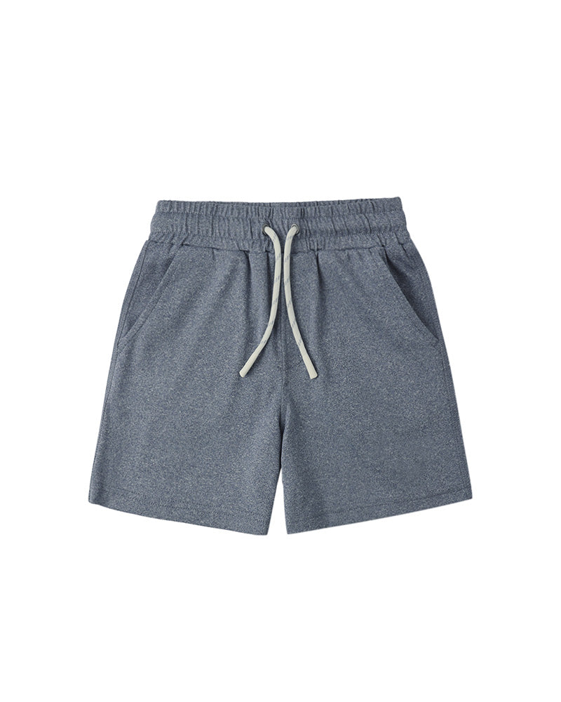 Gray/blue shorts with a drawstring on a white background