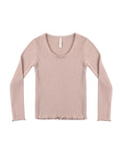 Pink ribbed scoop neck long-sleeve top with a lettuce trim edge on a white background