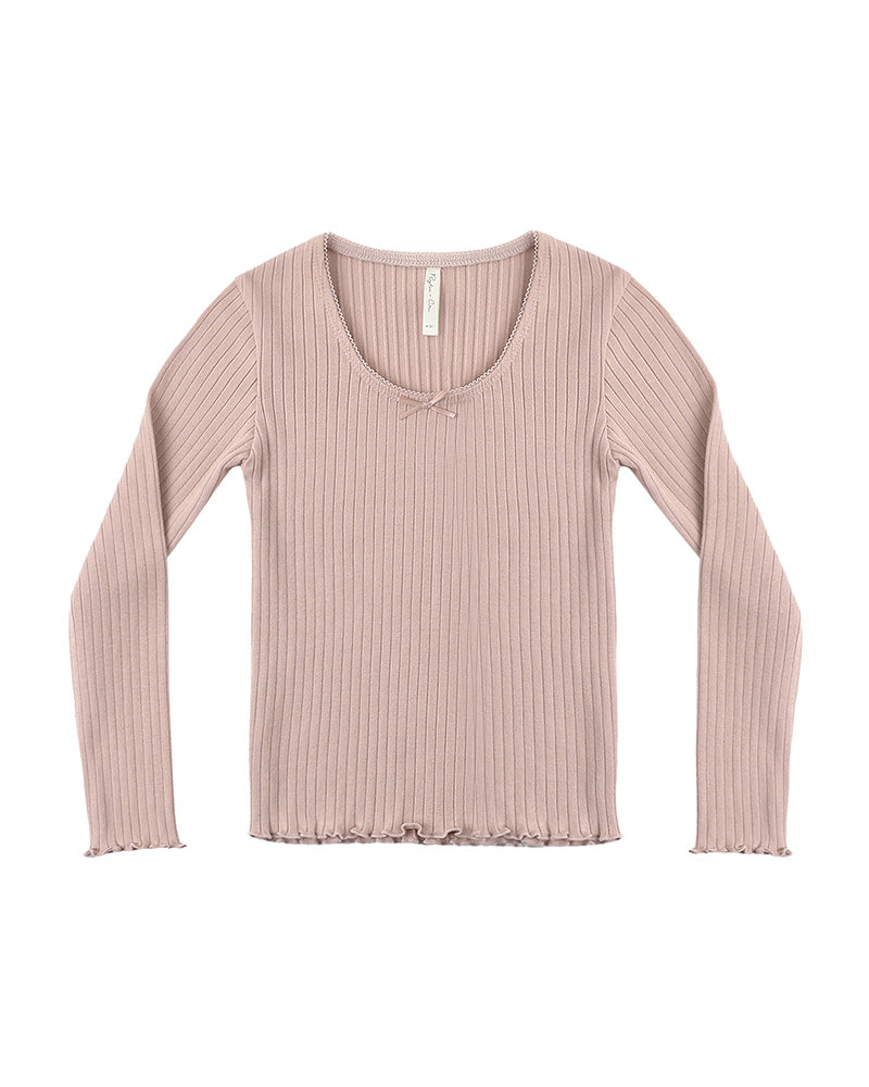 Pink ribbed scoop neck long-sleeve top with a lettuce trim edge on a white background