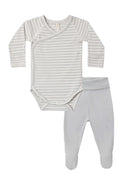 A baby clothing set featuring a long-sleeve wrap bodysuit with thin gray and white horizontal stripes, paired with light gray footed pants, shown on a plain white background.