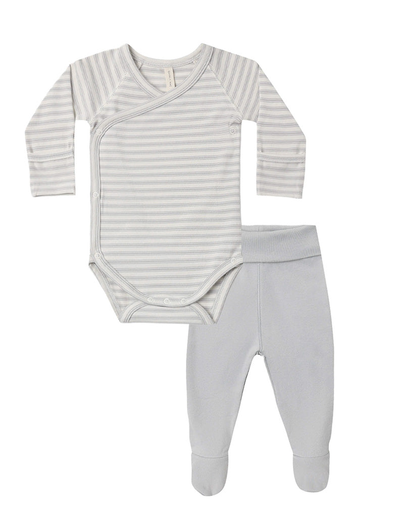 A baby clothing set featuring a long-sleeve wrap bodysuit with thin gray and white horizontal stripes, paired with light gray footed pants, shown on a plain white background.