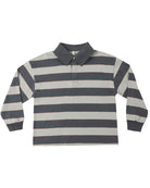 Collared and striped rugby style long-sleeve shirt on a white background