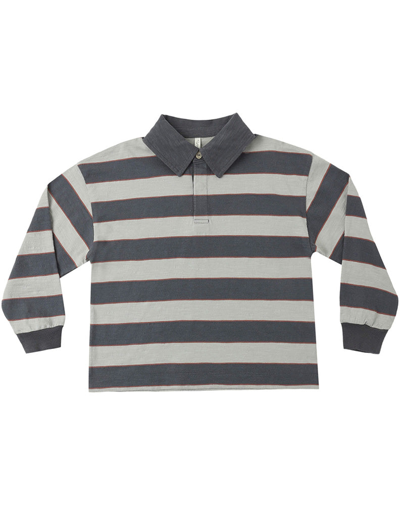 Collared and striped rugby style long-sleeve shirt on a white background