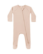 Dusty rose baby onesie with a zipper on a white background