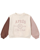 Multicolor crewneck sweatshirt with 'Apres Ski Club' text on a white background