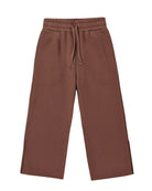Brown wide leg pants with a drawstring on a white background