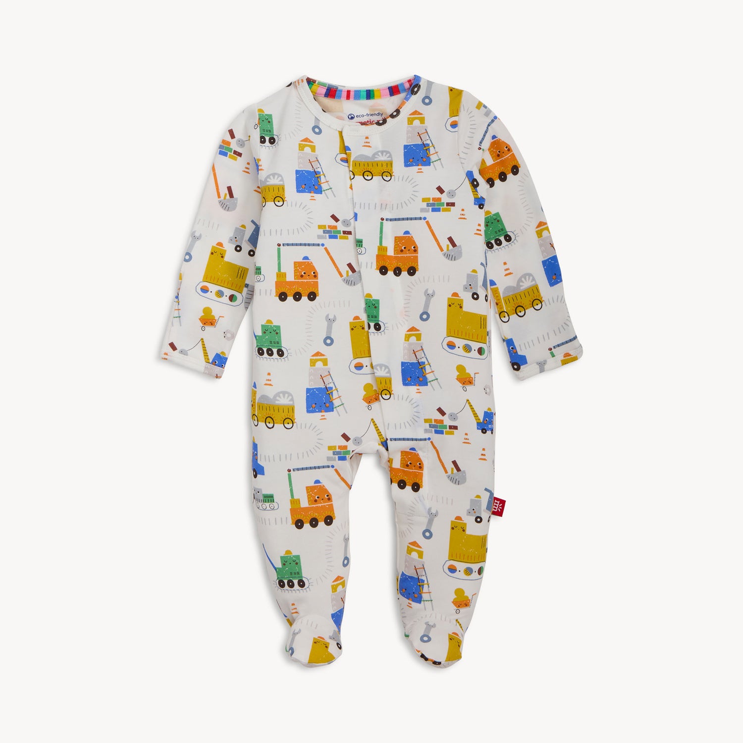 Baby onesie with colorful train pattern on a white background