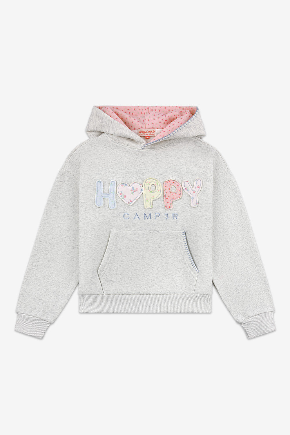 Gray hoodie with colorful 'Happy Camper' text on a white background