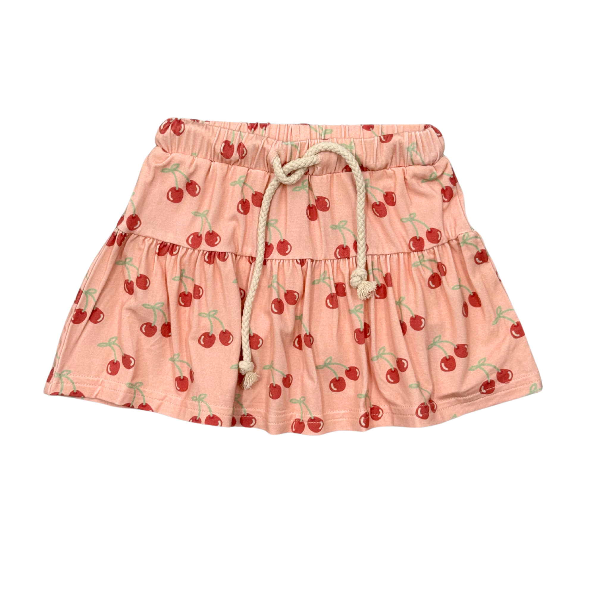 Pink skort with cherry pattern and adjustable waistband on a white background