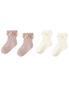 Two pairs of socks, one pink and one white, with decorative lace cuff details on a white background.