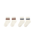 Set of two pairs of ribbed multicolor socks with striped cuffs on a white background