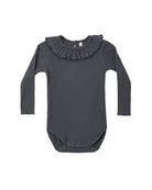 Dark gray ribbed baby bodysuit with ruffled collar on a white background