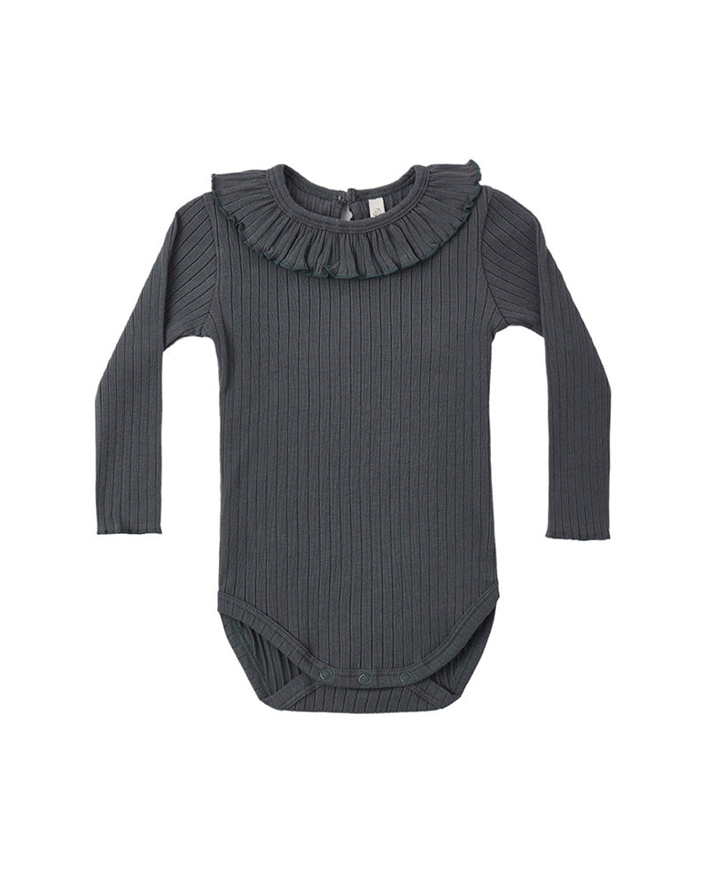 Dark gray ribbed baby bodysuit with ruffled collar on a white background