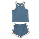 Blue tank top and shorts set with white trim on a white background