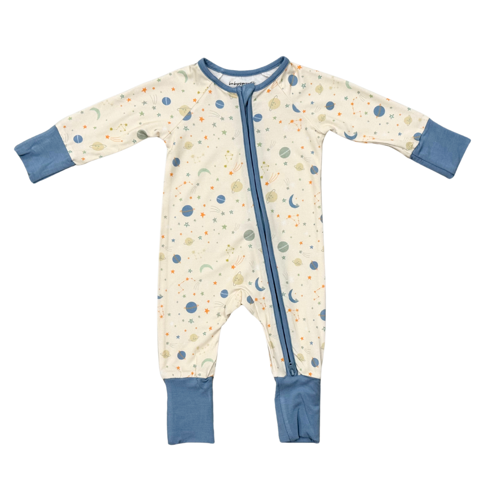 Baby onesie with star and space patterns and blue accents on a white background