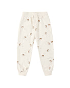White sweatpants with brown porcupine pattern and a drawstring on a white background