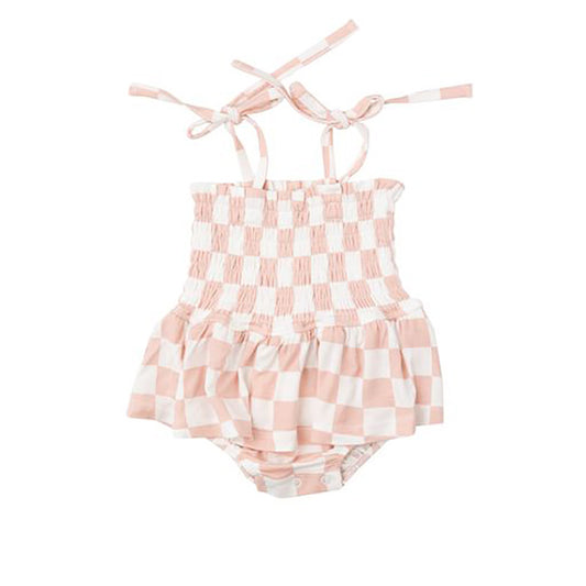 Smocked Bubble with Skirt - Checkerboard - Pink