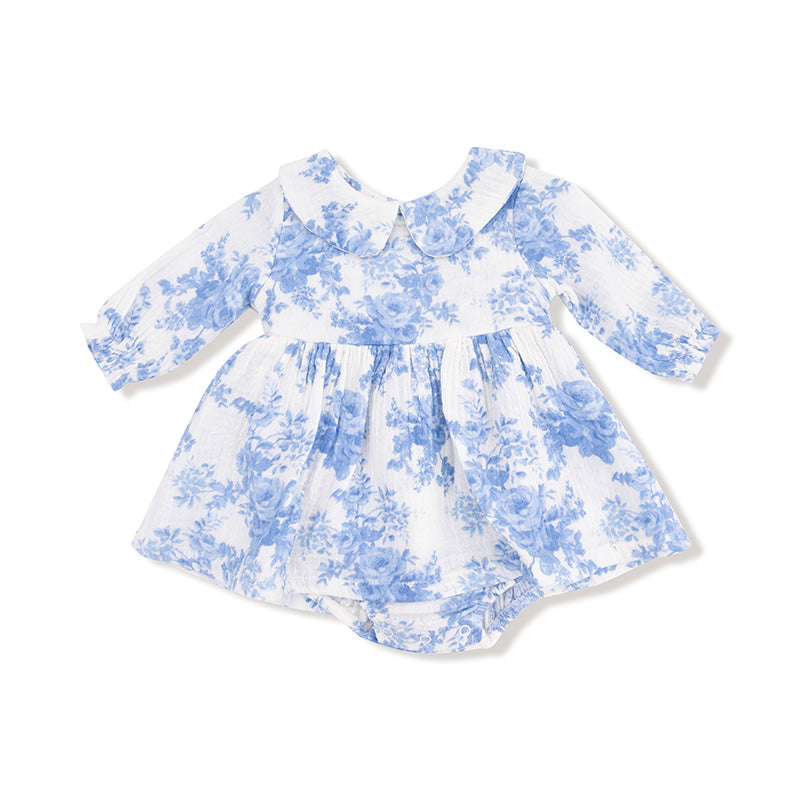 Babyhug Viscose Woven Full Sleeves Polka Dots Printed Tiered Frock with Peter Pan Collar - Teal Blue main image 0