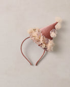 Pink velvet party hat headband with tulle details and gold stars