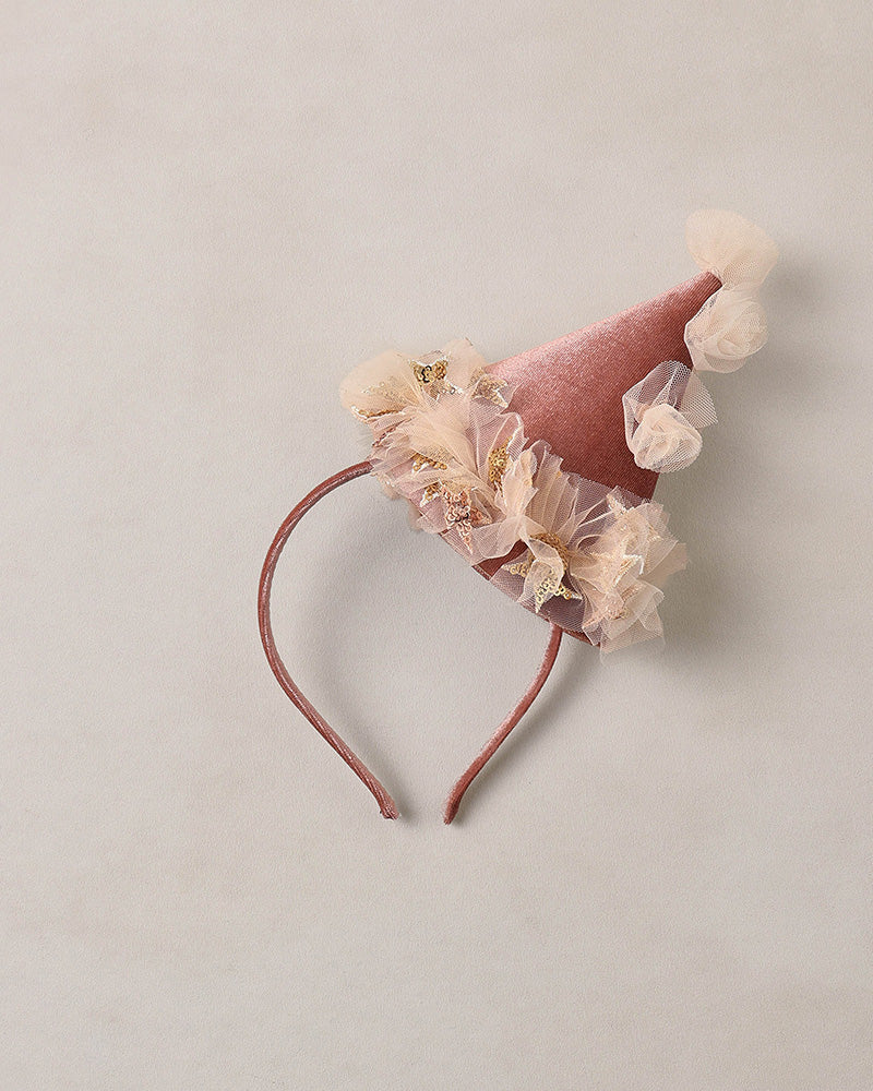 Pink velvet party hat headband with tulle details and gold stars