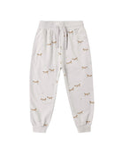 Light gray sweatpants with small fox pattern and a drawstring on a white background