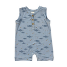 Blue baby romper with fish pattern on a white background