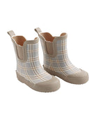 A pair of children's rain boots featuring a light gray and beige plaid pattern with solid beige elastic side panels and soles, shown on a plain white background.