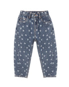 Blue barrel jeans with white floral pattern on a white background