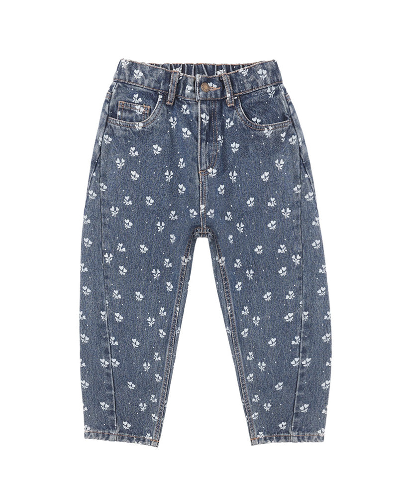 Blue barrel jeans with white floral pattern on a white background
