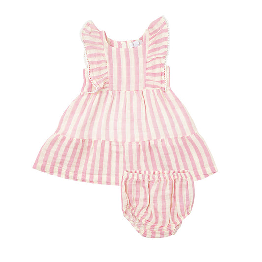 Picot Edged Dress + Diaper Cover - Pink Stripe