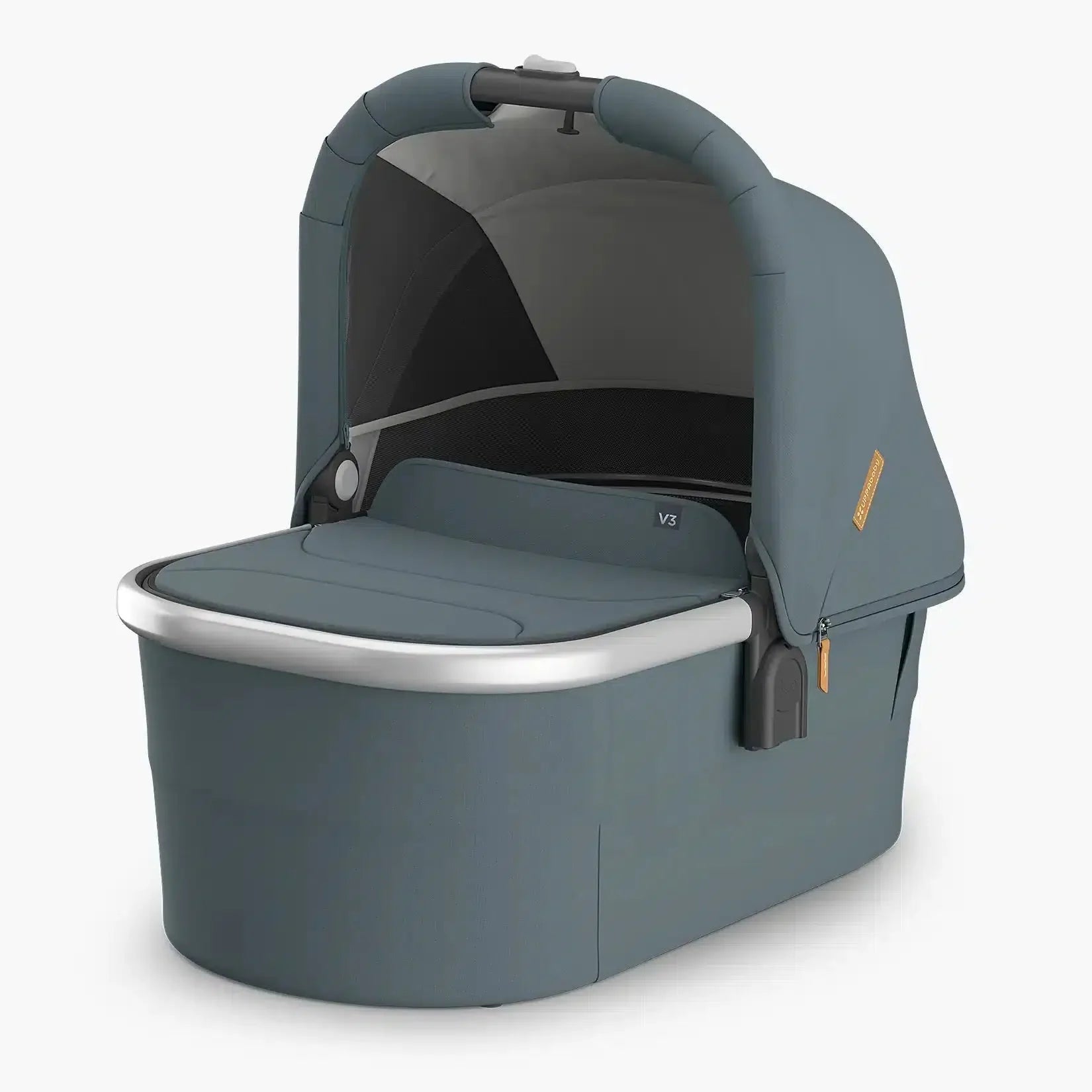A stone blue bassinet with a sunshade, mesh panels, and a carry handle, designed for newborns.