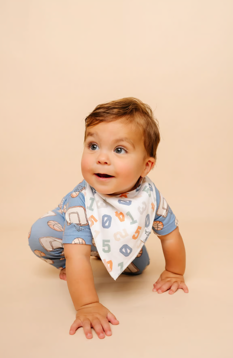white bandana bib with various numbers 