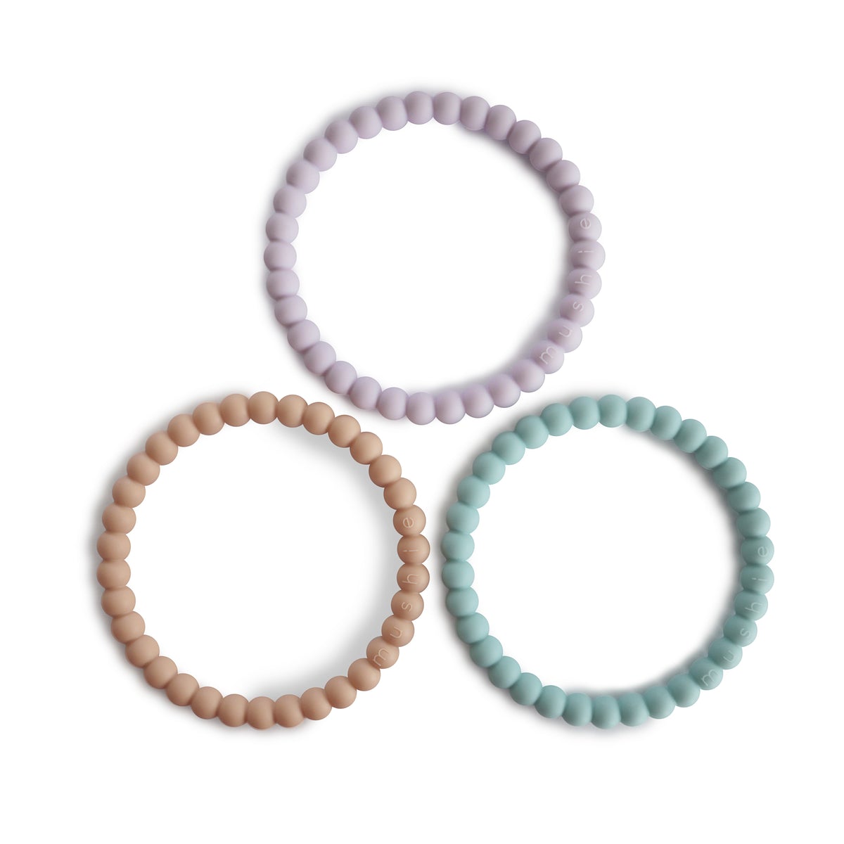 Pearl Teething Bracelet 3 Pack - Lilac/Cyan/Soft Peach Teething Mushie 