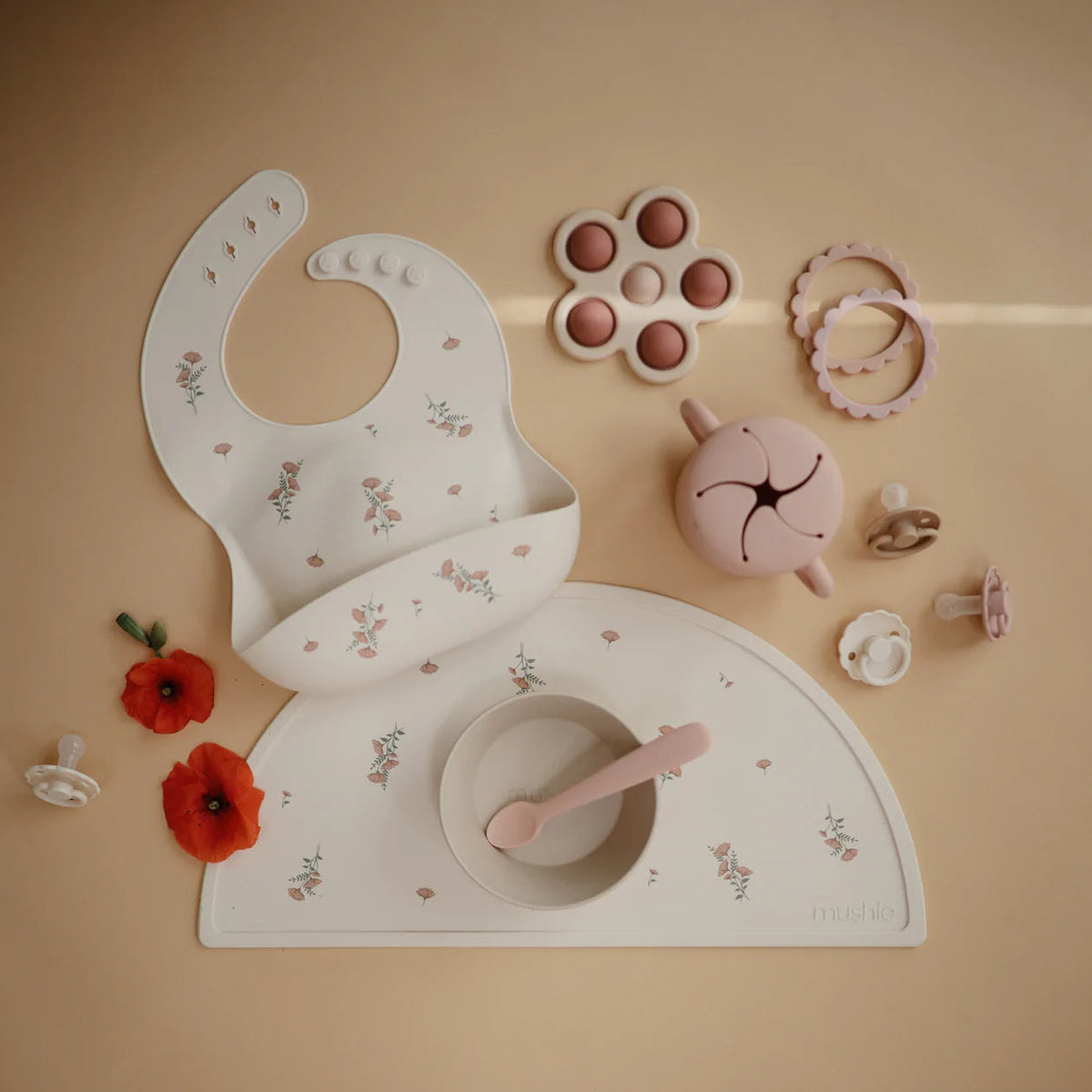 Silicone Bib - Pink Flowers Baby Essentials Mushie 
